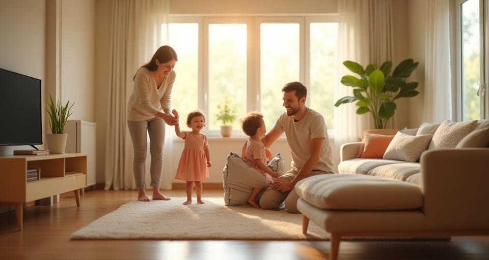 A clean, bright living room with a smiling family